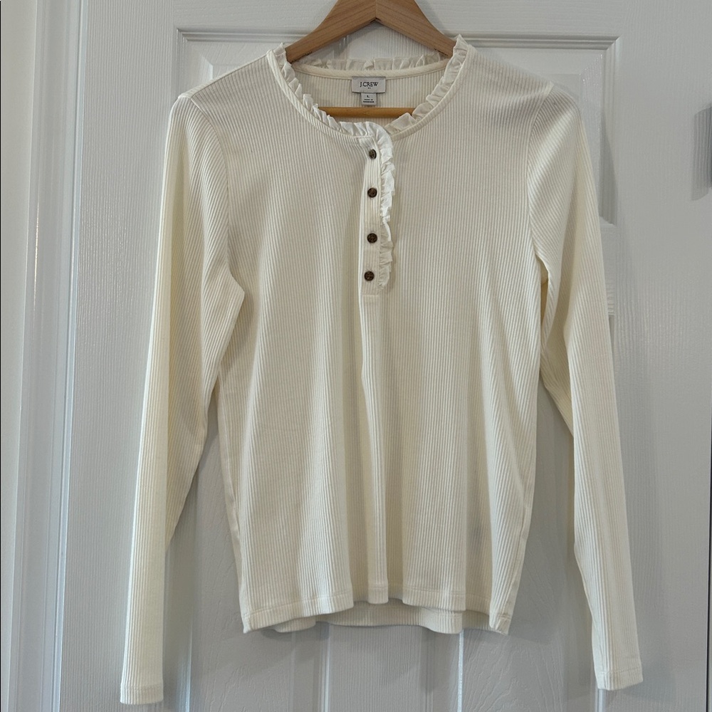 J. Crew Cream Ribbed Ruffle-Trim Button Henley shirt